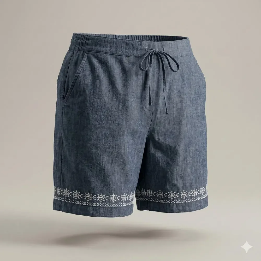 Talbots Womens 10 Coastal Resortwear Boho Linen Embroidered Pull On Shorts